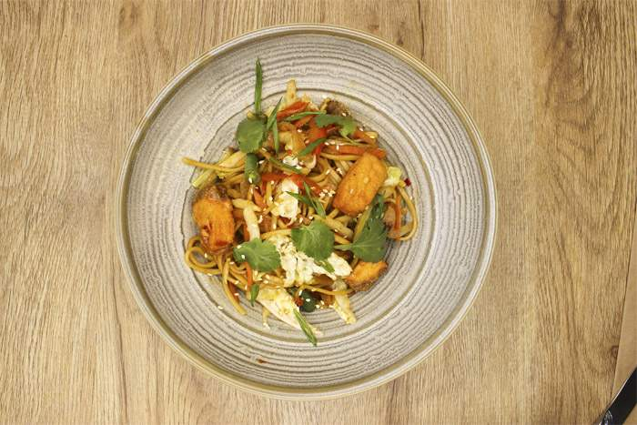 С семгой ( лапша яичная,микс овощей)